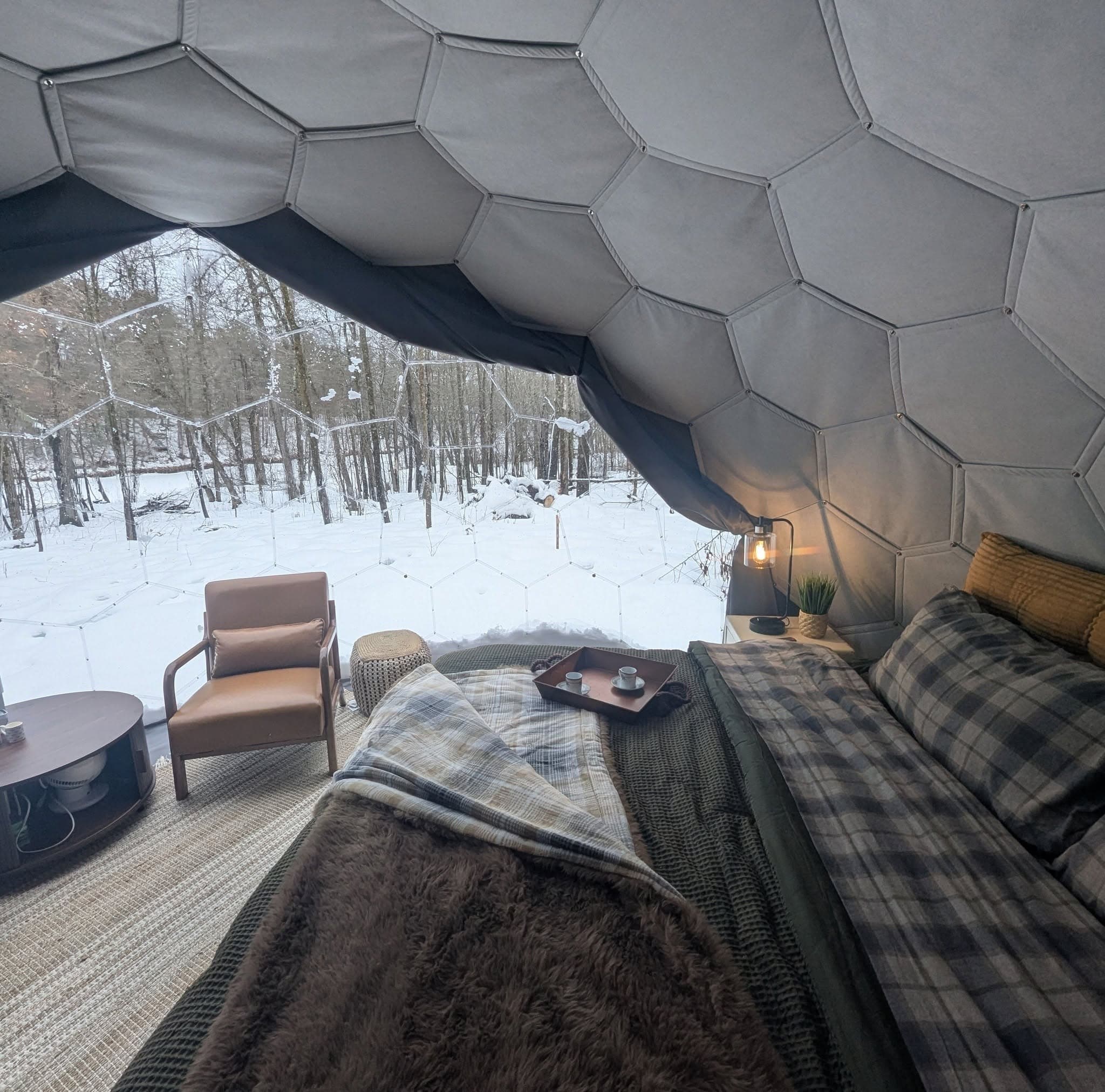 Interior of a geodesic dome cabin with bed and large windows overlooking snowy forest